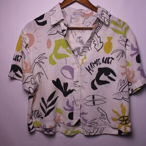 Bershka Abstract Print Cropped Button-Up Shirt | Women’s S